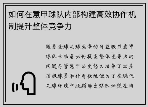 如何在意甲球队内部构建高效协作机制提升整体竞争力